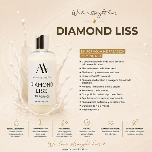 DIAMOND LISS + 500 ml El alisado sin formol orgánico  que transforma tu cabello en un espejo de brillo.