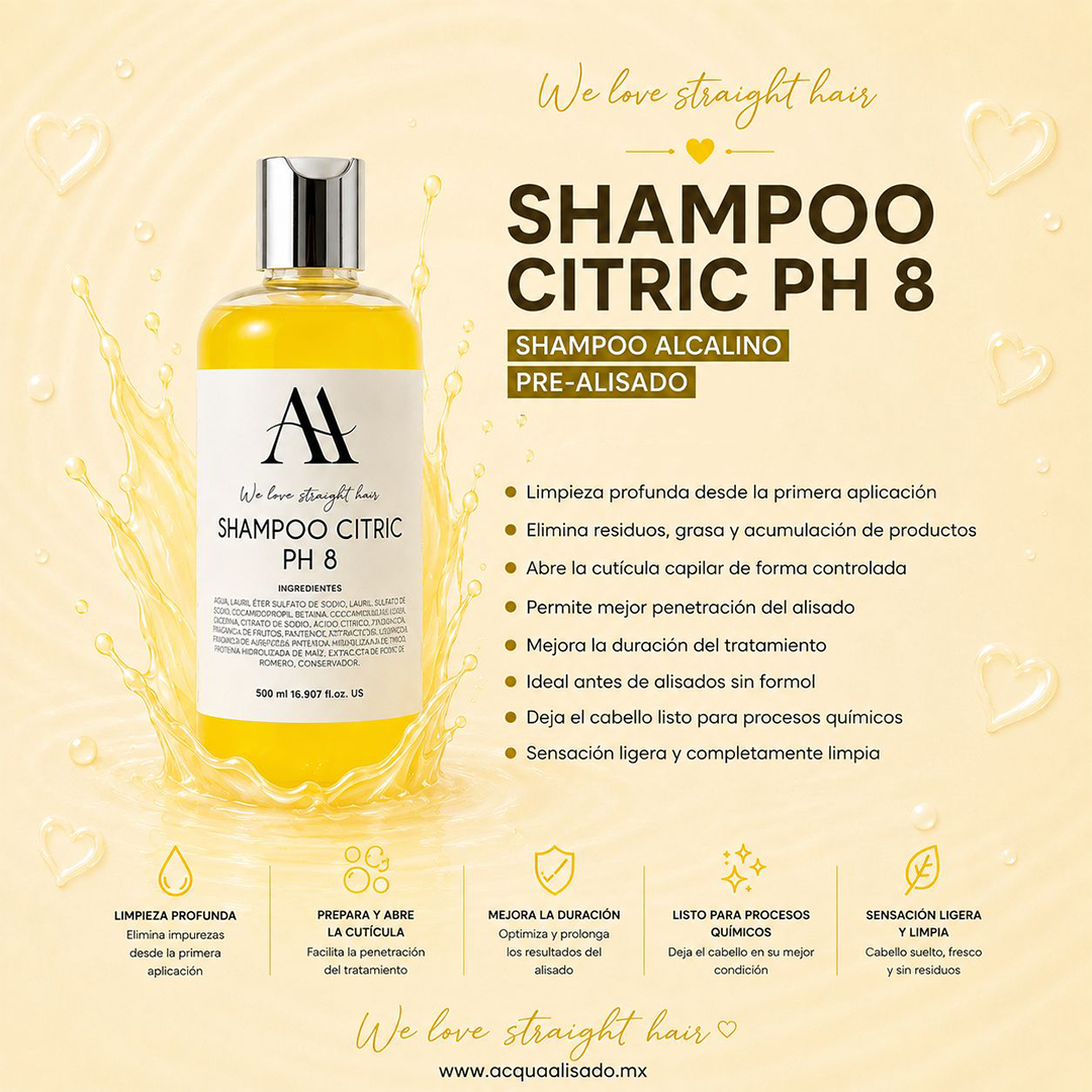 SHAMPOO PH 8 CITRIC+ Limpieza profunda profesional para preparar el cabello al alisado perfecto.