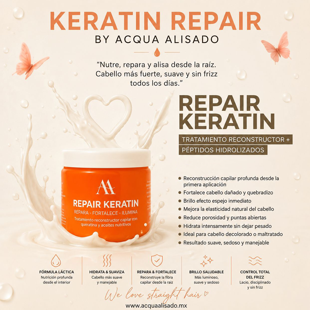 REPAIR KERATIN + Reparación intensa para un cabello fuerte, brillante y saludable.